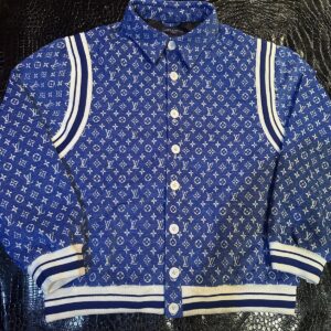 Louis Vuitton Signature Varsity – Custom Leather Jacket featuring a Light blue leather jacket sleeve design and 3D monogramming by The White Widow Leather.