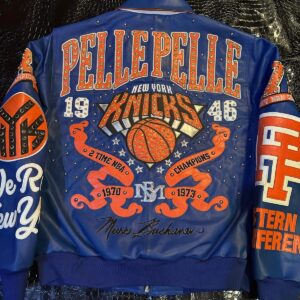 Marc Buchanan NY Knicks Edition Customized Leather Jacket in royal blue genuine leather jacket hide with championship patches by The White Widow Leather.