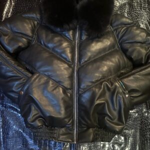 Louis Vuitton Embossed Monogram Puffer Customized Leather Jacket in black leather jacket hide with 3D embossed motifs by The White Widow Leather.