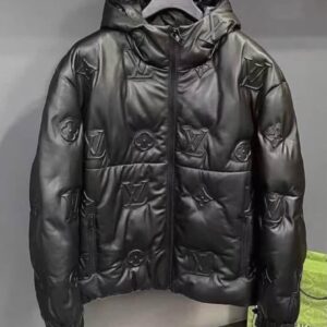 Louis Vuitton Signature Varsity – Customized Leather Jacket with black leather jacket sleeves and white 3D monogram embroidery by The White Widow Leather.