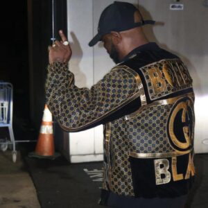 Gold-foiled monogram Customized Leather Jacket with 'BORN BLACK' gold lettering and a Longline Black Leather Jacket with thick shearling fur lining.