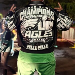 Back view of a black Philadelphia Eagles Super Bowl LII Champions Customized Leather Jacket with heavy silver embroidery, studs, and "Pelle Pelle" branding.