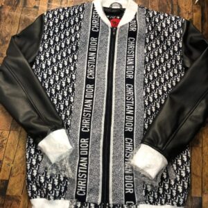 Red and black Customized Leather Jacket featuring pink Dior-inspired lettering and floral embroidery with white ribbed trim.