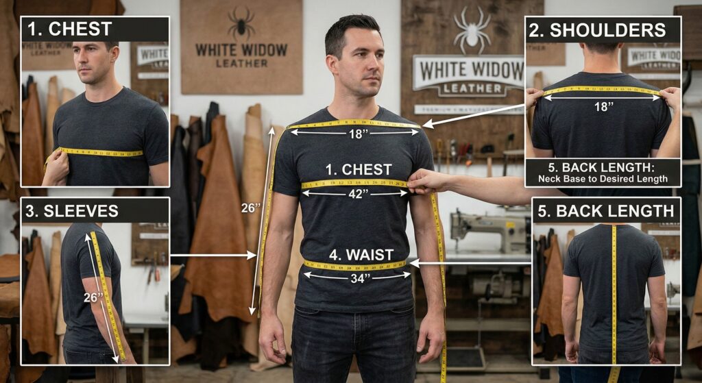 A visual guide showing a man being measured for a custom White Widow leather jacket, with specific tape measure placements for the chest, shoulders, sleeves, waist, and back length. HOW TO MEASURE FOR YOUR CUSTOM WHITE WIDOW LEATHER JACKET